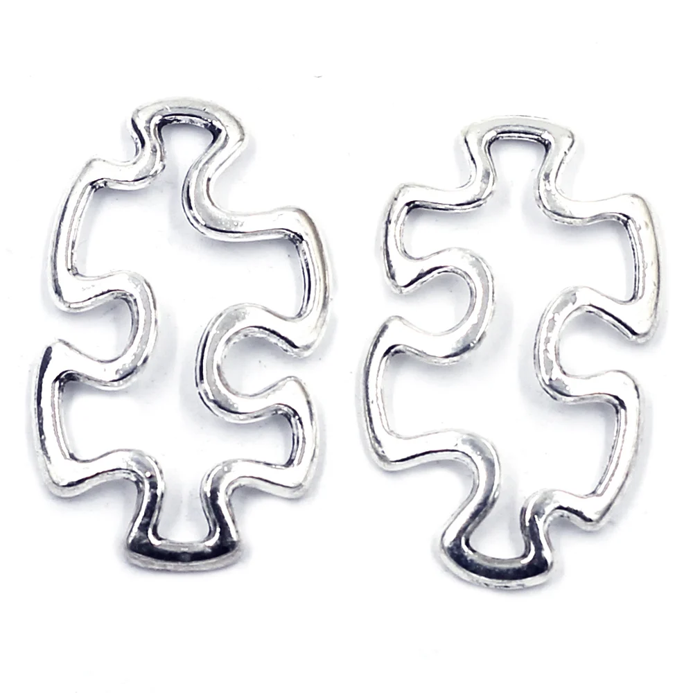 

10Pcs Pendants Splice Jigsaw Hollow Metal Ancient Silver Tone For Charms Bracelets Craft Fashion Jewelry DIY Findings 30x18mm