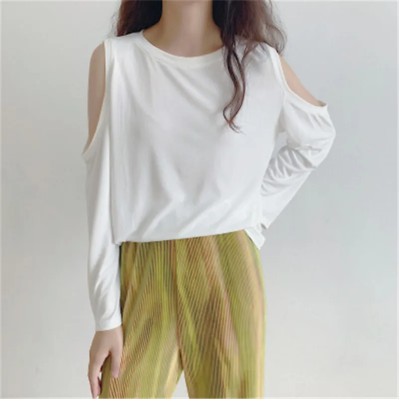 

2020 New Arrivals Minimalist O-neck Off Shoulder Long-sleeved Cotton Pullovers Tops+ Color Blocking Dyeing High Waist Loose Pant