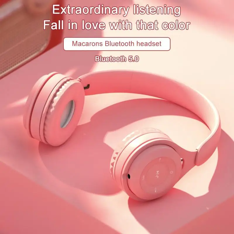 New Bluetooth Wireless Headphones Macaron Color Hifi Music Auto Pairing Earphones Can Inserted TF Card Blue Pink Yellow Headsets |