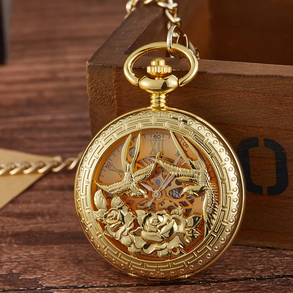 2022 Gold Phoenix Mechanical Pocket Watch Men Women Rose Hollow Steampunk Chain Double Clock Roman Dial Silver Necklace Pendant