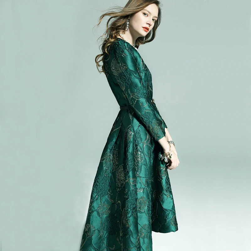 Vestidos женское модное осенне-зимнее платье с длинными рукавами Вечерние Платья с цветочным рисунком элегантное жаккардовое платье в стиле знаменитостей ласточкин хвост платье