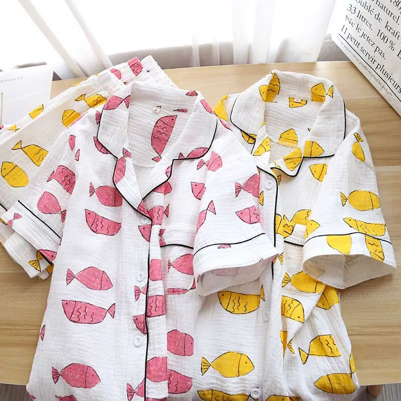 Summer New Ladies Korean Style Pajamas Set Comfort Gauze Cotton Women Loose Sleepwear Set Turn-down Collar Casual Wear Home-wear