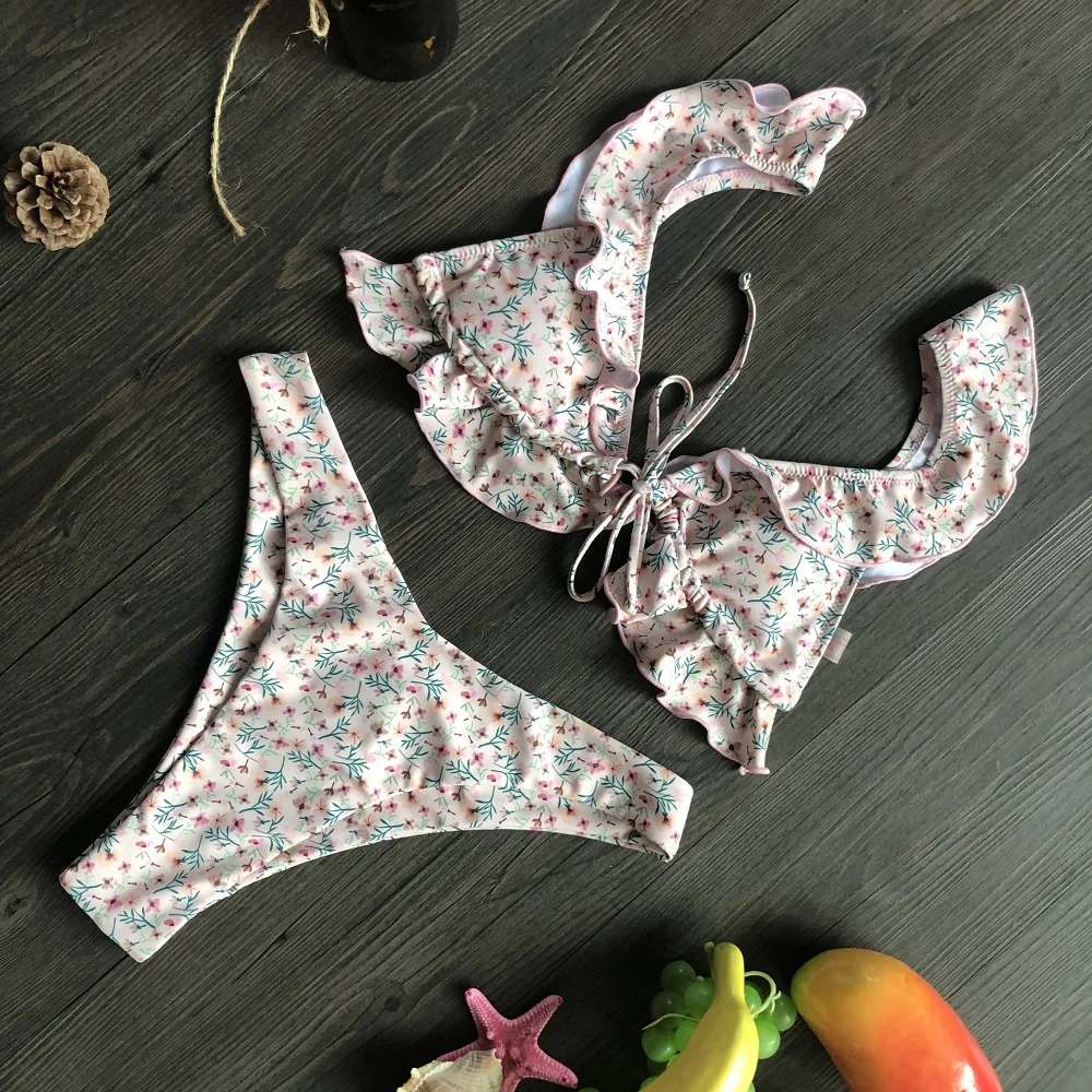 Женский летний пикантный купальник бикини с цветочным принтом и оборками