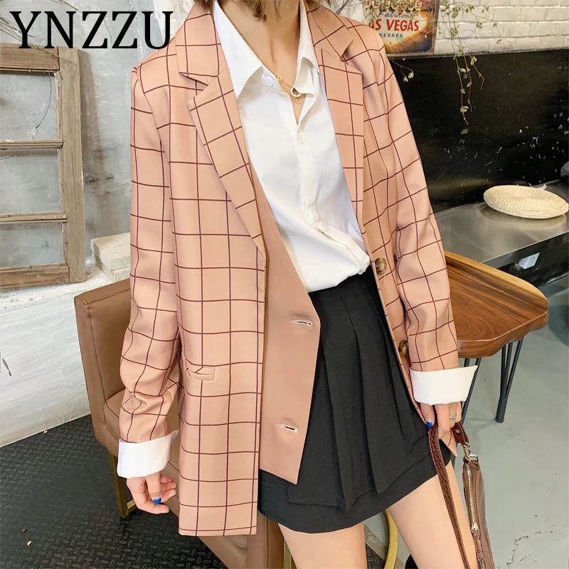 Женский блейзер в клетку YNZZU свободный Блейзер оригинального дизайна куртка