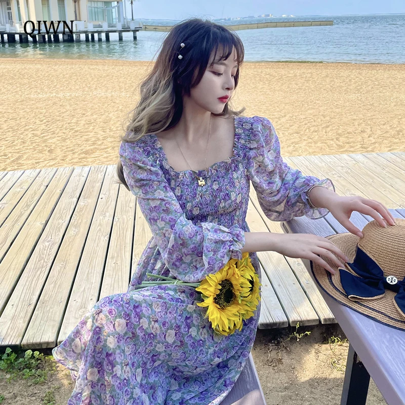 

Платье женское шифоновое средней длины с квадратным вырезом и длинными рукавами