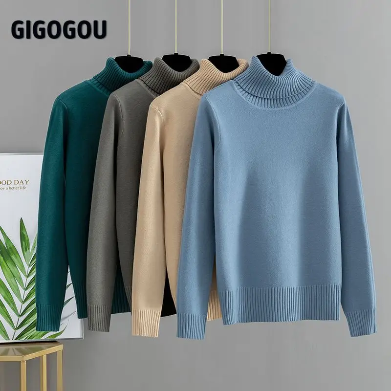 Женский базовый пуловер GIGOGOU теплый толстый джемпер с высоким воротником вязаный