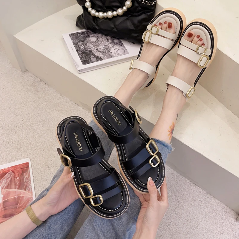 

2021 Summer Med Clogs Wedge Beige Heeled Sandals Female Shoe Soft Buckle Strap Medium Platform Black Fashion Girls Sports Comfor