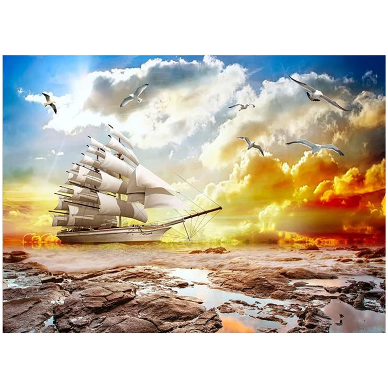 

5d Diy Алмазная вышивка, натуральный пейзаж, парусная лодка, Чайка, квадратная Круглая Мозаика, вышивка крестом, наклейки со стразами