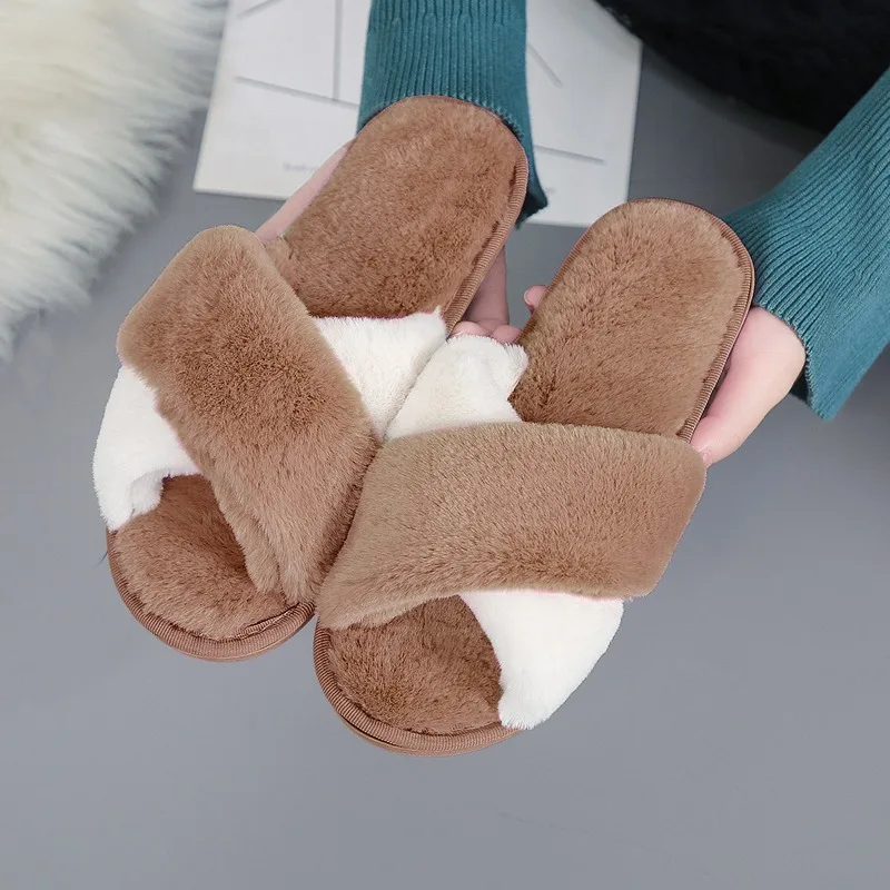 

Winter Women House Slippers Faux Fur Fashion Warm Shoes Woman Slip On Flats Female Fluffy Fur Slides Home Furry Flip Flops