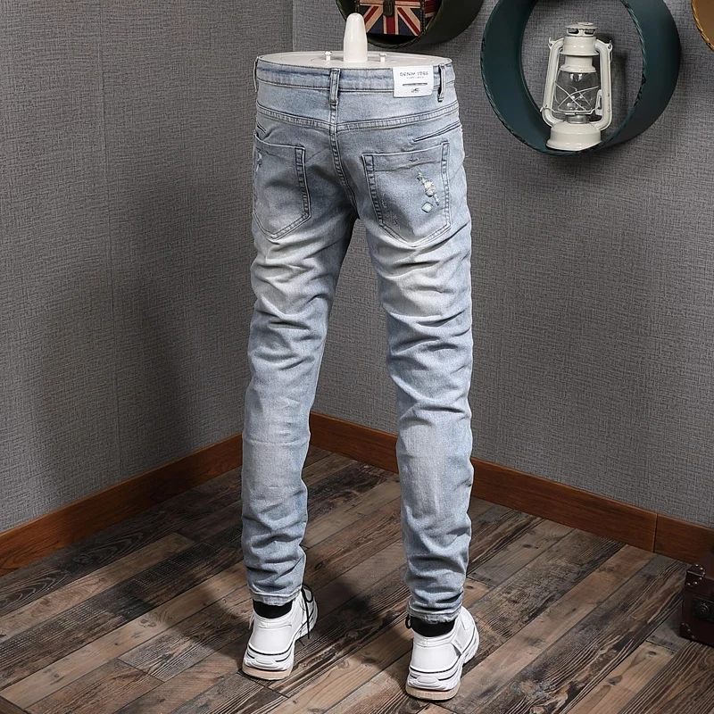 European American Street Fashion Men Jeans Retro Light Blue Slim Fit Ripped Jeans Men Korean Style Destroyed Denim Pencil Pants