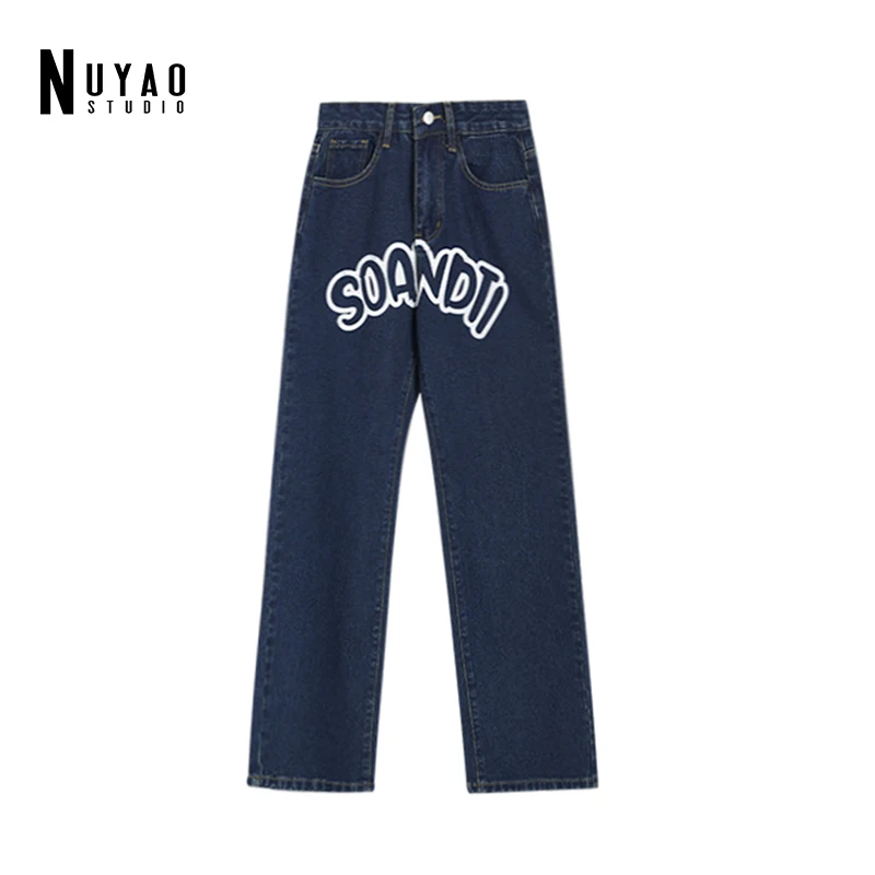 

Y2k Print High Street Embroidered Jeans Women's Spring 2022 New High Waidt Fashion Loose Straight Hip Hop Denim Pants Female