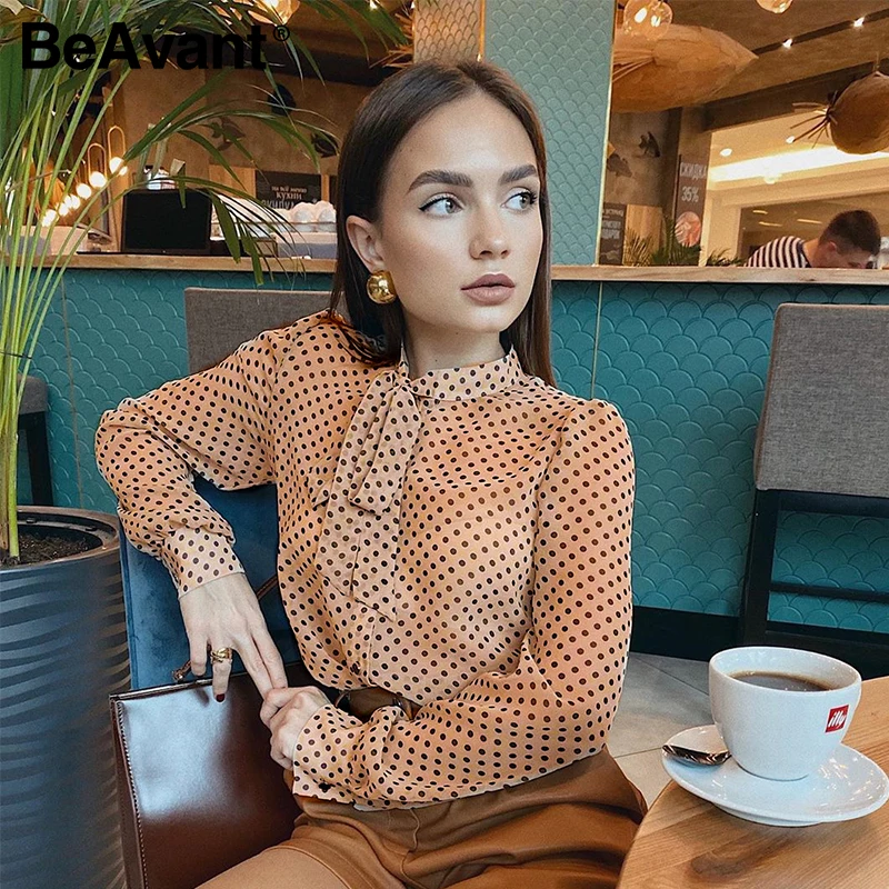 Женские блузки в горошек BeAvant весенние шифоновые Блузы с длинным рукавом и