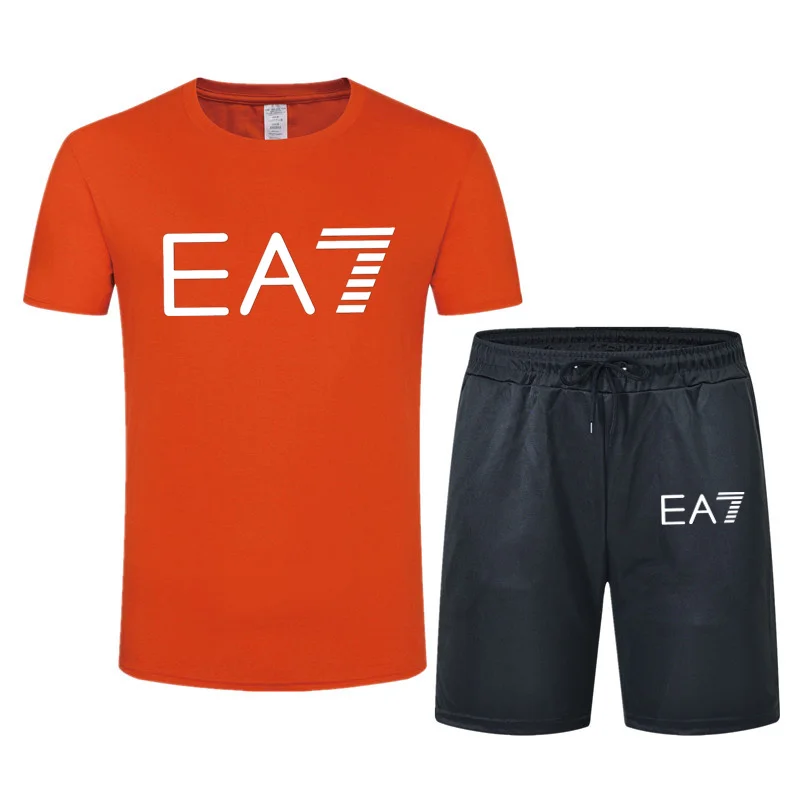 

2021 summer new round neck EA7 men's short sleeve T-shirt + casual Shorts Set men's sportswear quick drying breathable runnin