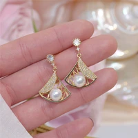 romantic fashion 14k real gold fan shaped leaf shell pearl stud earrings for women cubic zircon zc earrings