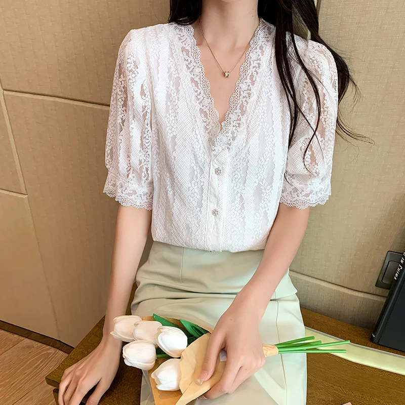 

V Neck White Lace Shirts Summer Short Sleeve Women Sweet Blouses Sexy Party Blusas Work Wear Tops