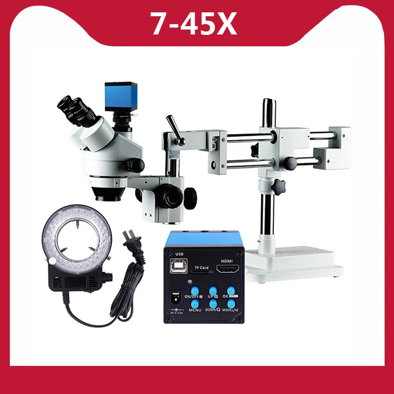 

16MP HDMI 7X-45X Microscope Simul-Focal Double Boom Stand Trinocular Stereo Zoom Microscope Camera LED Ring Light Repair Tool