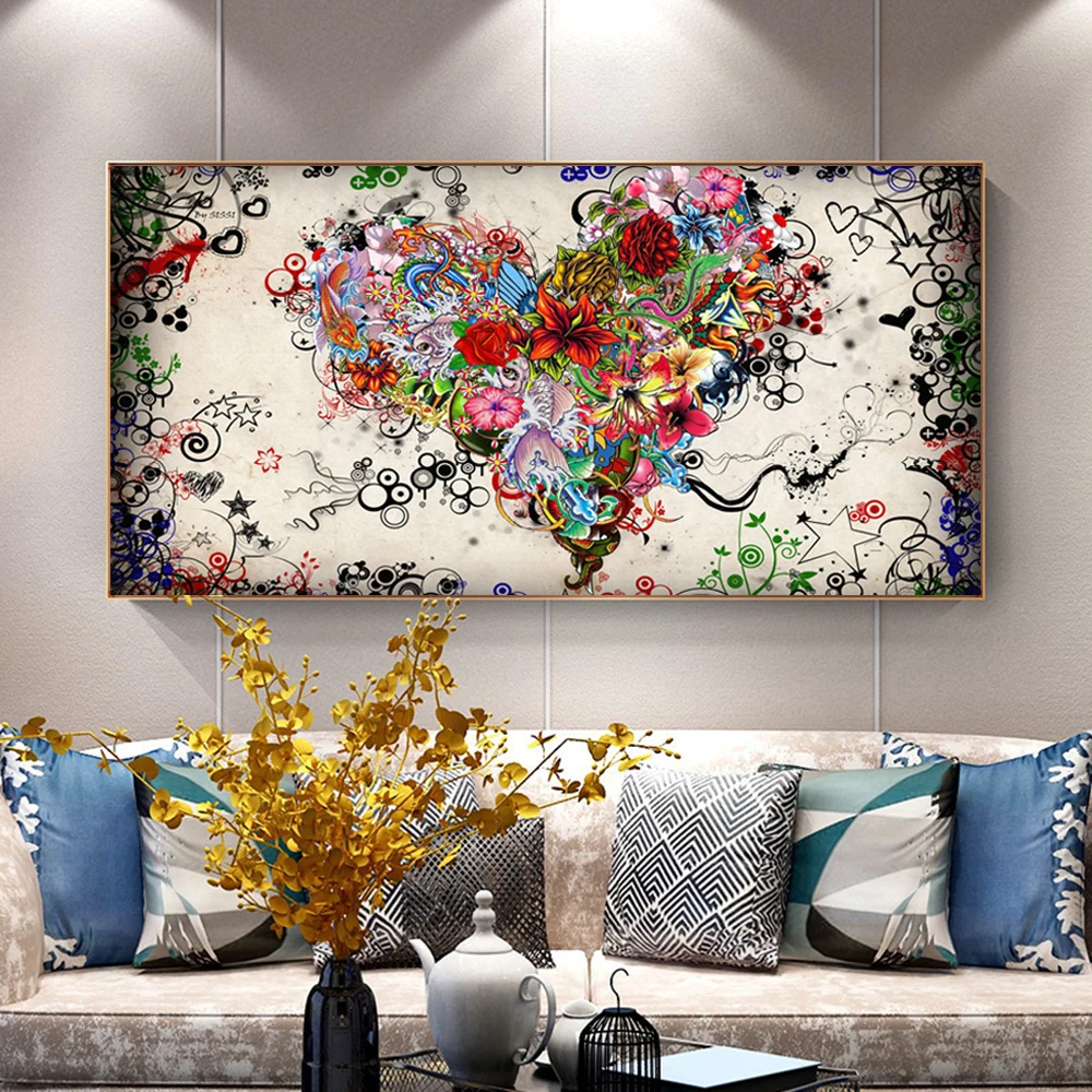 

Wall Art Picture Canvas Print Love Painting Abstract Colorful Heart Flowers Posters For Living Room Home No Frame