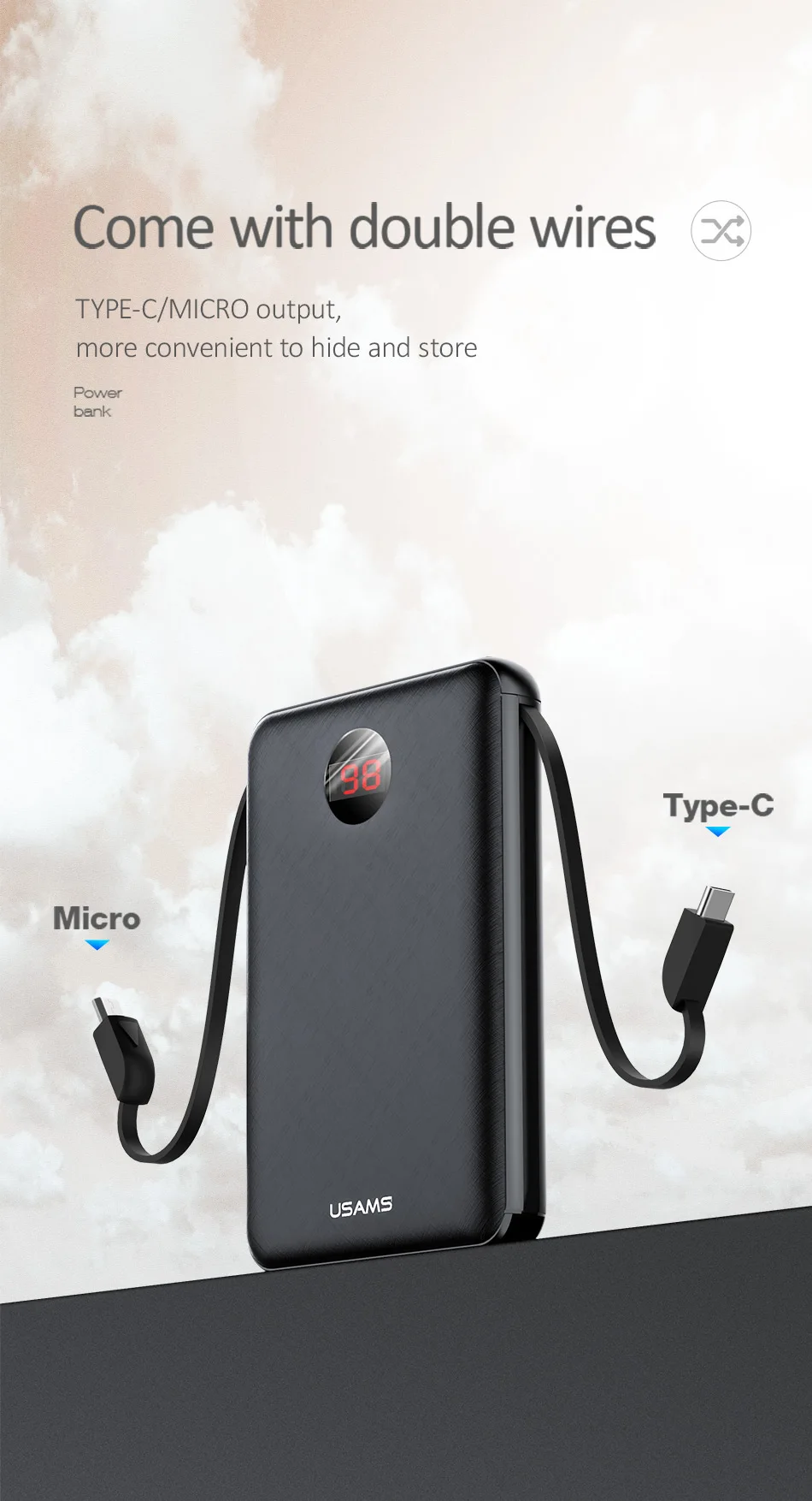 USAMS power Bank светодиодный дисплей mi ni power bank Внешняя батарея Poverbank зарядка Pover bank с usb-кабелем для xiaomi mi iPhone