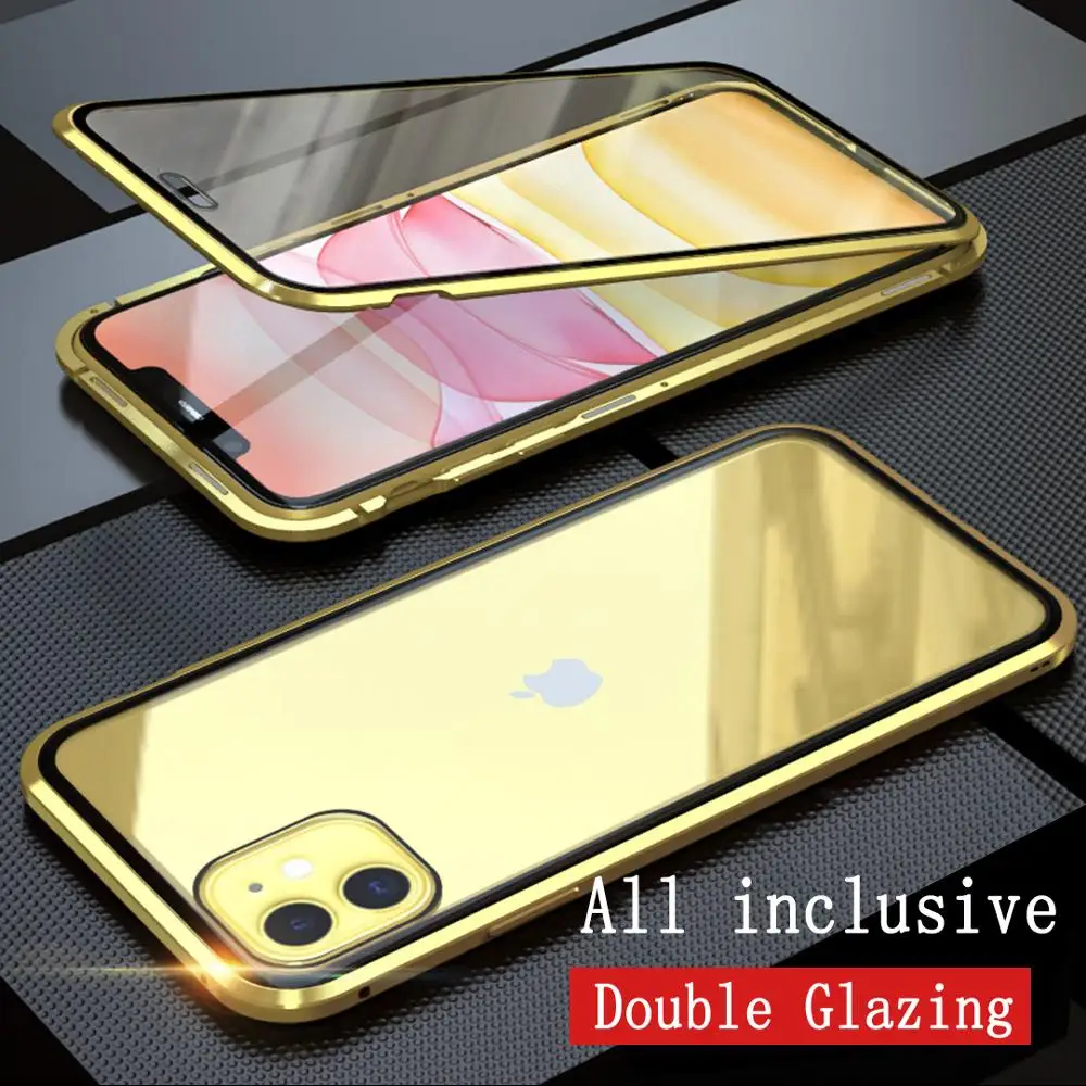 Магнитный адсорбционный металлический чехол для iPhone 11 закаленное стекло задняя