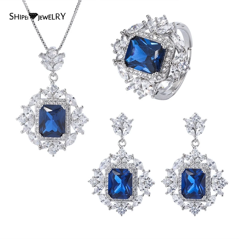 

Shipei Luxury 925 Sterling Silver Tanzanite Created Moissanite Gemstone Rings/Earrings/Pendant/Necklace Wedding Jewelry Sets