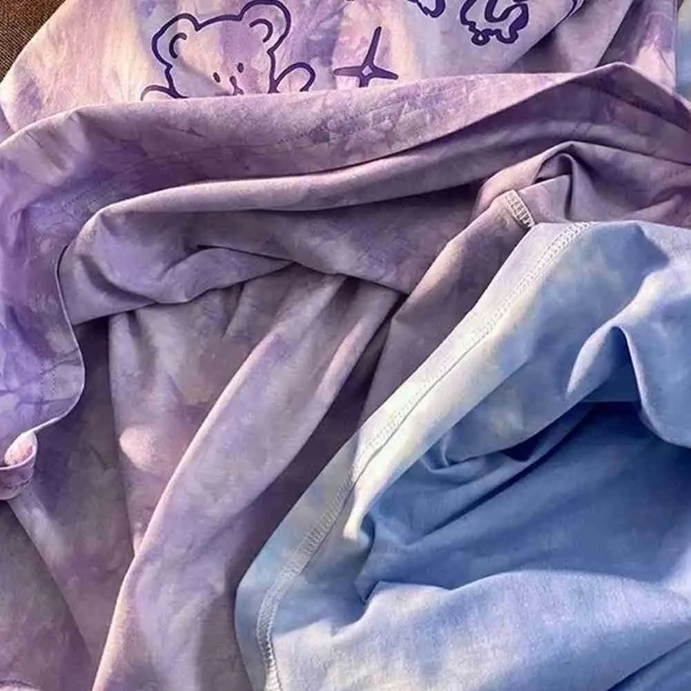 

2021 Women Casual Harajuku Tops Fashion Summer T-shirt Dream Cotton Purple Dye Hip Hop Short Bear T-shirt Tie Sleeves Blue I4n3