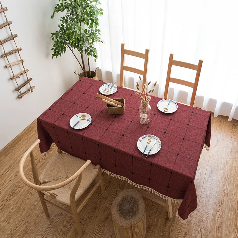 Однотонная льняная скатерть с кисточками водонепроницаемая маслостойкая