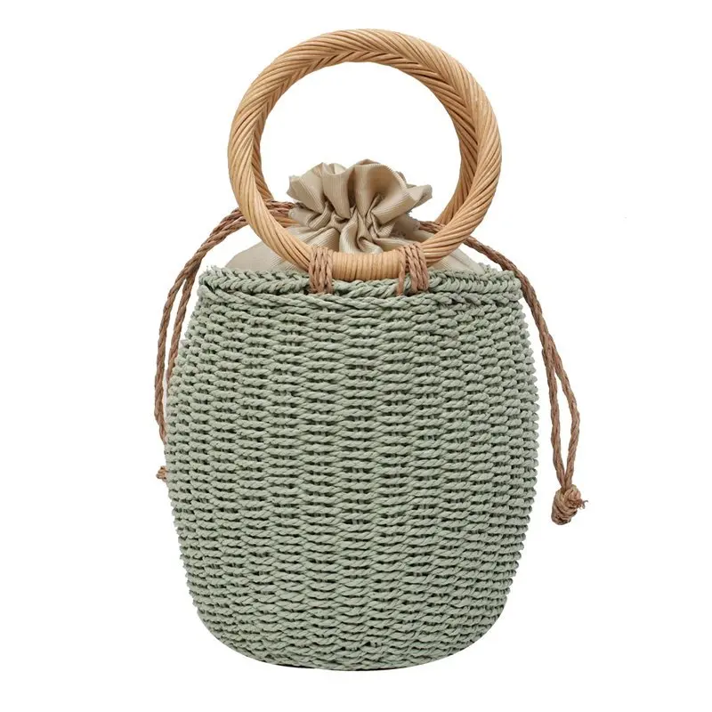 

Woven Straw Shopper Beach Bags Round Straw Bucket Bag Vintage Handmade Woven Top Handle Handbags Totes Summer Bohemia Bolso Mimb