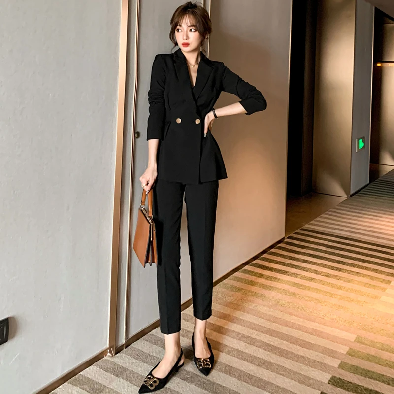 

Fashion Pants Suits Women New Arrival Business Long Sleeve Double Breasted Blazer and Trousers Office Ladies Work Wear
