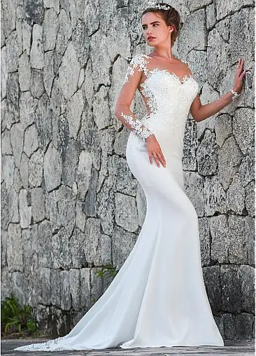 

Fantastic O-Neck Mermaid Wedding Dresses Custom Made Sexy See Through Long Sleeve Illusion Back Bridal Gowns Floor Length