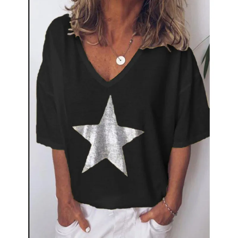 Новинка 2019 модная женская футболка с блестками v образный вырез пятиконечная