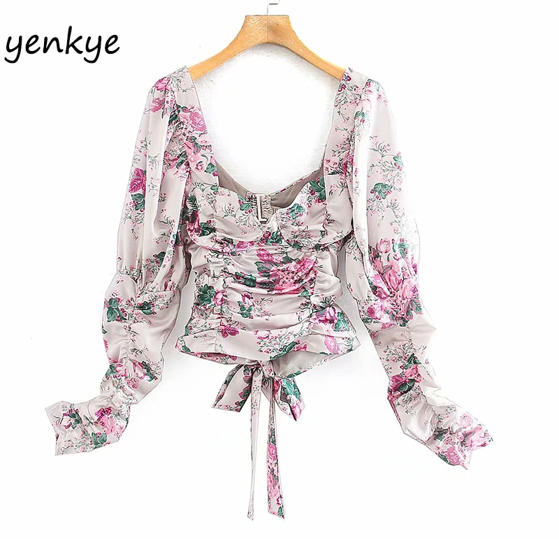 Женский укороченный топ с открытой спиной цветочным принтом квадратным вырезом