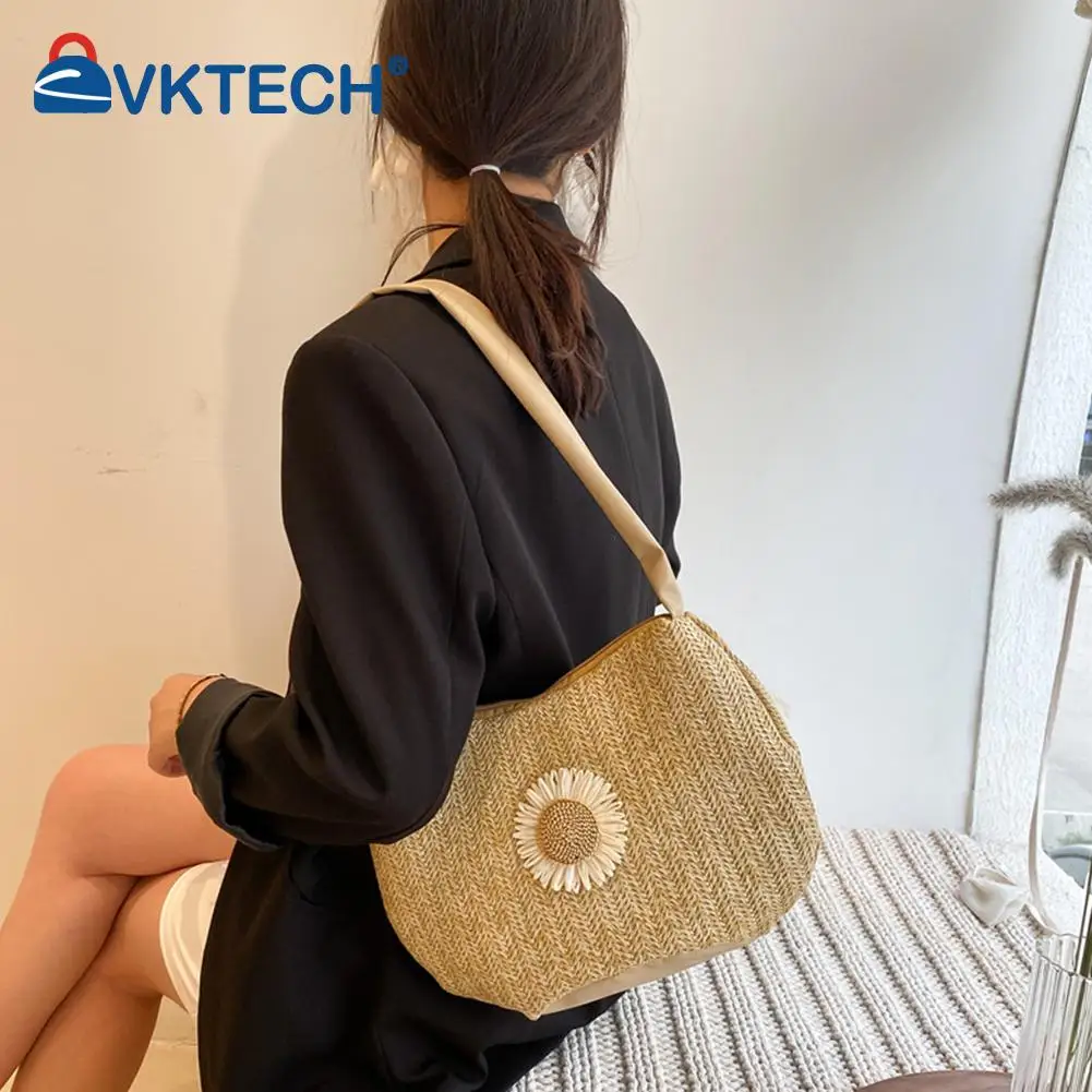 

Retro Women Woven Shoulder Underarm Bag Ladies Beach Vacation Sunflower New Collection Korean Style Casual Grass Woven Bag