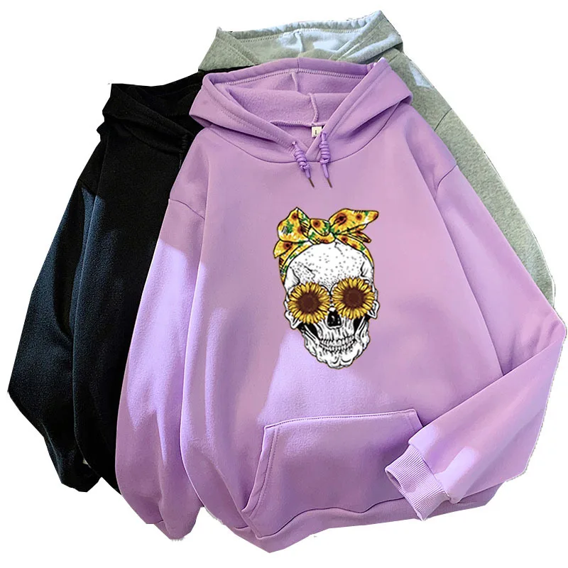 Women Skull Printed Hoodies Streetwear Hooded Vintage Sweatshirt Clothes Oversized Sweetshirt Harajuku Solid Color Hoodie