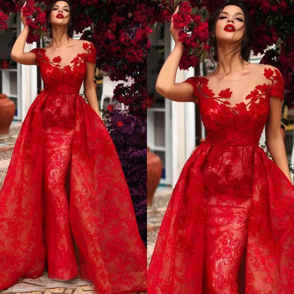 

Elegant Red Mermaid Prom Dresses With Detachable Train Jewel Neck Appliqued Overskirt Lace Celebrity Evening Gown Robe De Soire