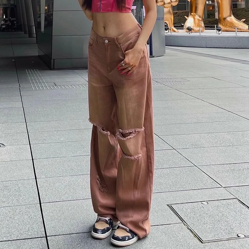 WeiYao Vintage Ripped Hot Baggy Brown Jeans Joggers Fashion High Waist Denim Trousers Streetwear Grunge Fairycore Pants