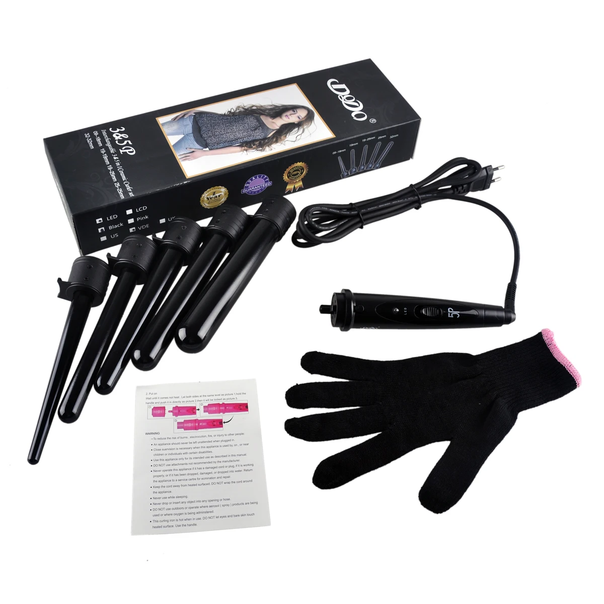 09-32mm Pro Series 5 in 1 Curling Wand Set Hair Curling Tong 5pcs Hair Curling Iron The Wand Hair Curler Roller Gift Set US Plug