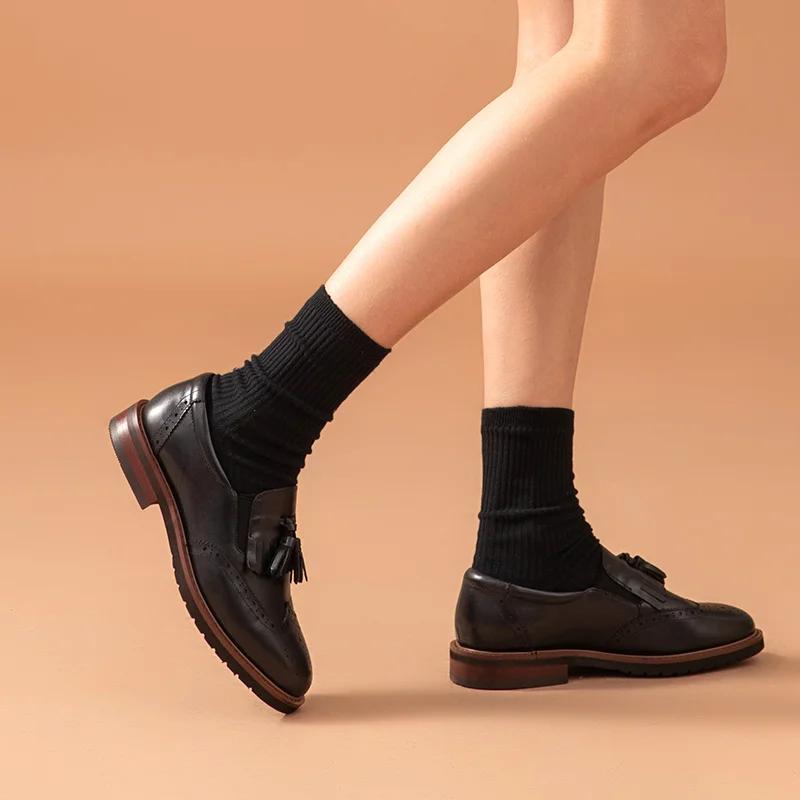 

BeauToday Loafers Women Cow Leather Fringe Brogue Round Toe Elastic Band Slip-On Spring Lady Flat Heel Shoes Handmade 27902