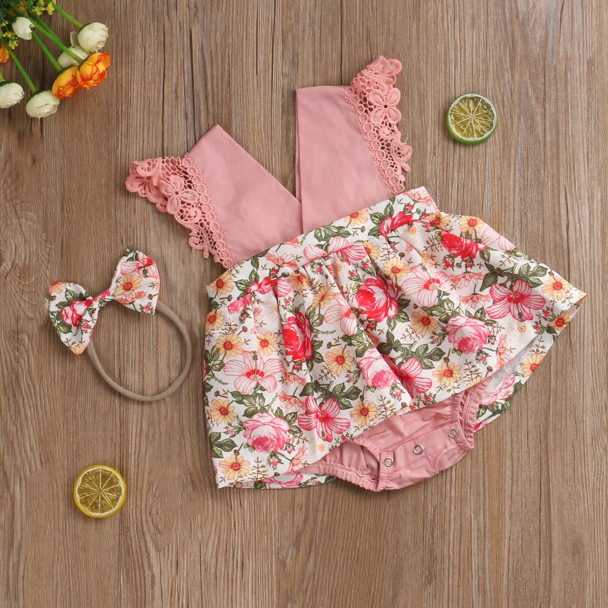 

Baby Girls Outfit Flower Printing Lace Sleeveless V Neck Romper Dress+ Bow Headwear Clothes Set