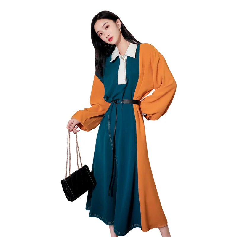 

Sexy Lapel Autumn Long Sleeve Women Dress Ladies Sashes Casual Loose Office Contrast Color Long Dress 2020 New chic A-Line Dress