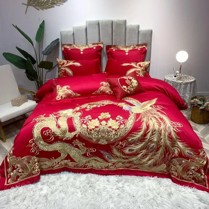 

Century wedding Bedding Set red embroidery Bed Set 100S Long-staple cotton Duvet Cover Set Queen King size Bed Sheet Pillowcases
