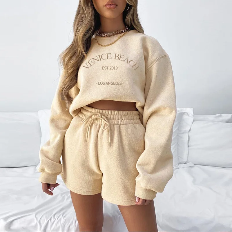 

Winter Two Piece Set Women Tracksuit With Velvet Inside Casual Round Neck Top And Pants Shorts Suit 2021 Fitness Loungewear