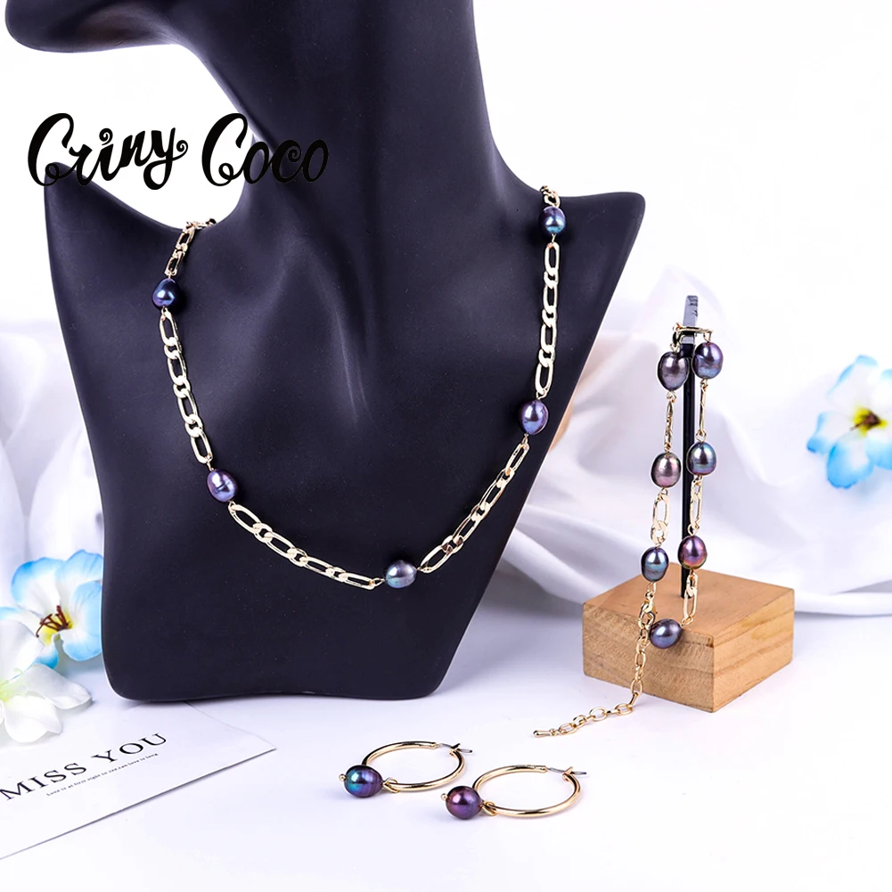 

Женский комплект из ожерелья и браслета Cring Coco, цепочка с пресноводным жемчугом, женские серьги-кольца, 2021, 2021