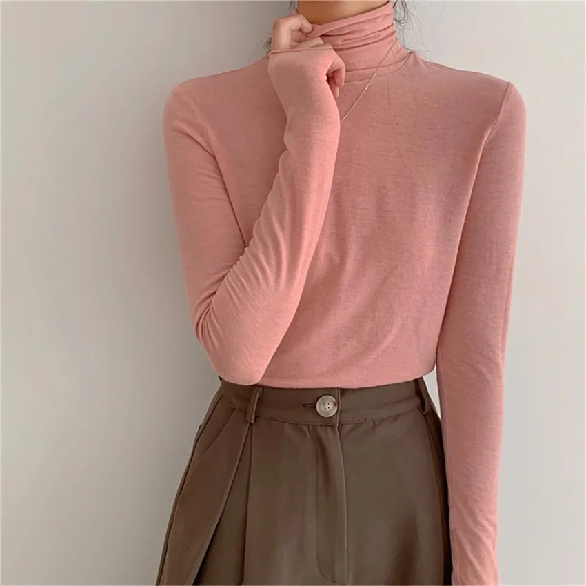 

New Fashion Turtleneck Pullover Solid Basic Unershirt Women Long Sleeve Shirt Korean Style Candy Color Tee Shirt Femme