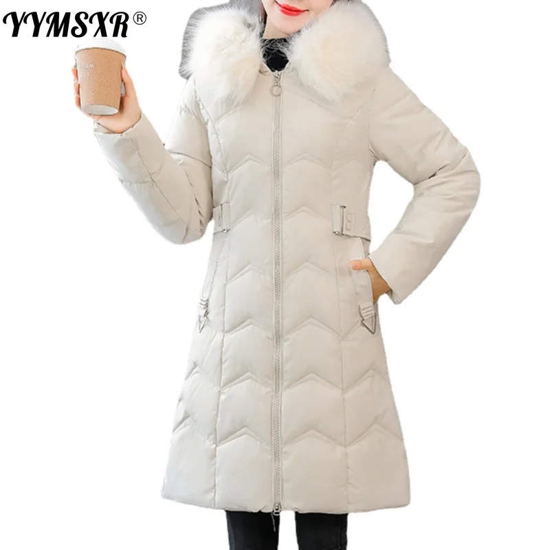 

Women's Cotton Coat Long 2021 New Winter Elegant Fashion Solid Color Hooded Fur Collar Down Cotton Ladies Jacket To Keep Warm