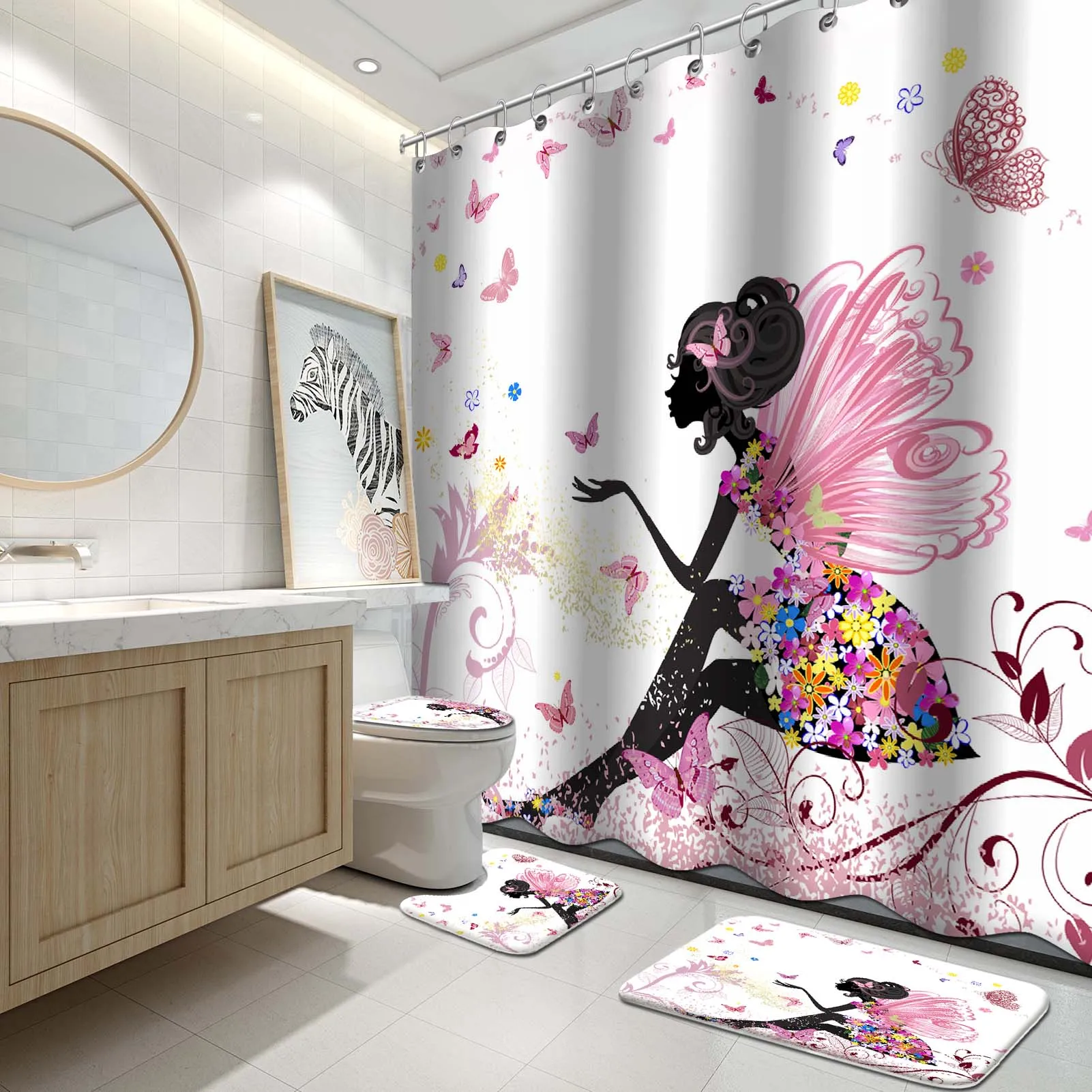 Модная занавеска для душа Сказочная девушка с крыльями в цветочном платье