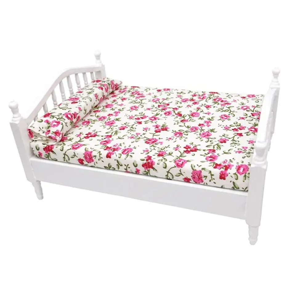 

Dollhouse Accessories Wooden Double Queen Bed Flower Pattern Mini Furniture For 1/12 Scale Doll