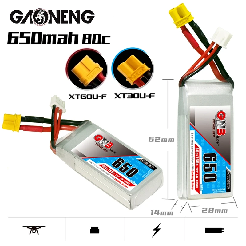 

1-10PCS GNB 7.4v 650mAh 2S 80C/160C lithium battery with XT30U-F Plug for FPV Racing Drone 4 axis UAV RC Quadcopter RC Drone