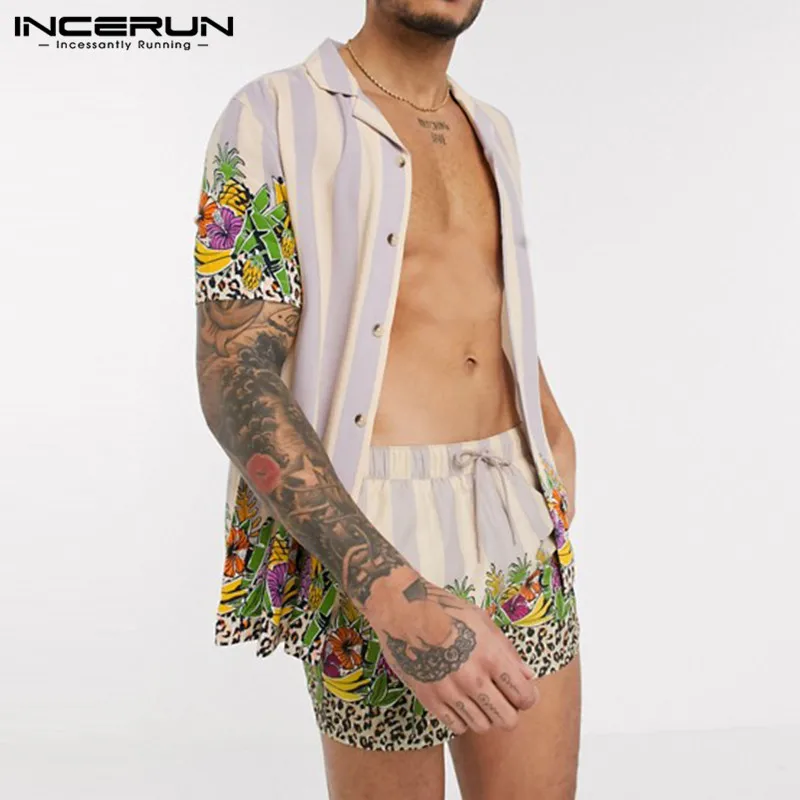 

Комплект Гавайский INCERUN мужской с принтом, Пляжная рубашка с воротником с короткими рукавами и шорты, шикарный комплект из 2 предметов для от...