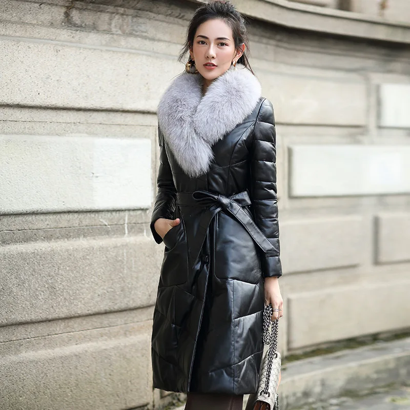High End Leather Duck Down Jacket Women's Middle  Long Fox Fur Lace Up Real Leather Fur Coat Cotton Thickened Outwear with Belt