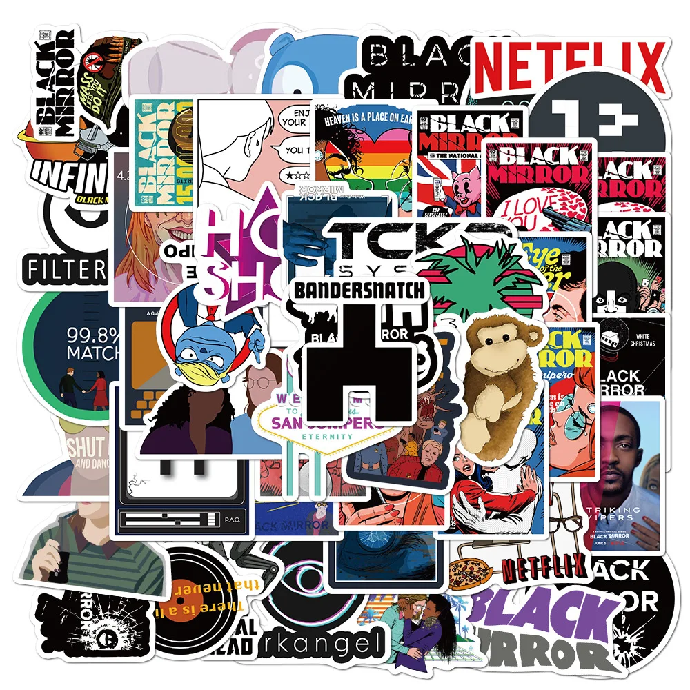 

50PCS TV Show Black Mirror Stickers Pack Vinyl for Motorcycle Snowboard Laptop Pegatina Guitar Suitcase Graffiti Cool Sticker